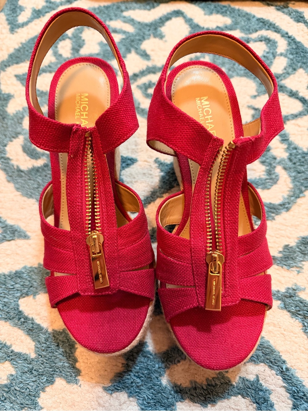 Michael Kors Hot Pink Canvas Wedge Sandals with Gold Zipper